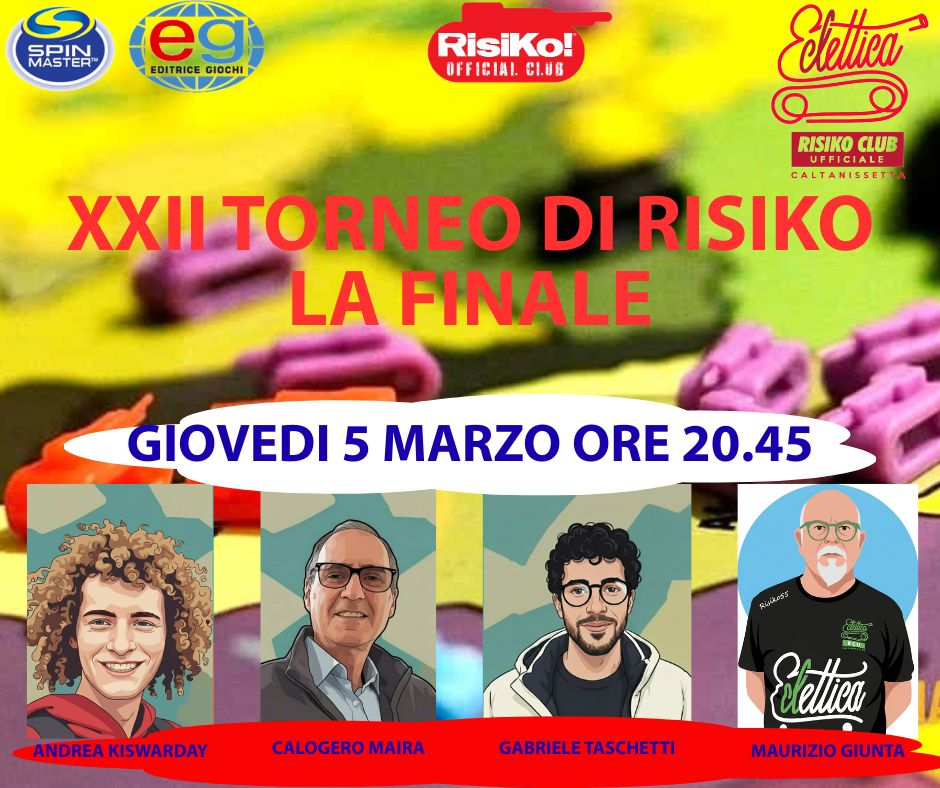 Nome:   XXII TORNEO DI RISIKO FINALE (1).jpg
Visite:  35
Grandezza:  140.9 KB